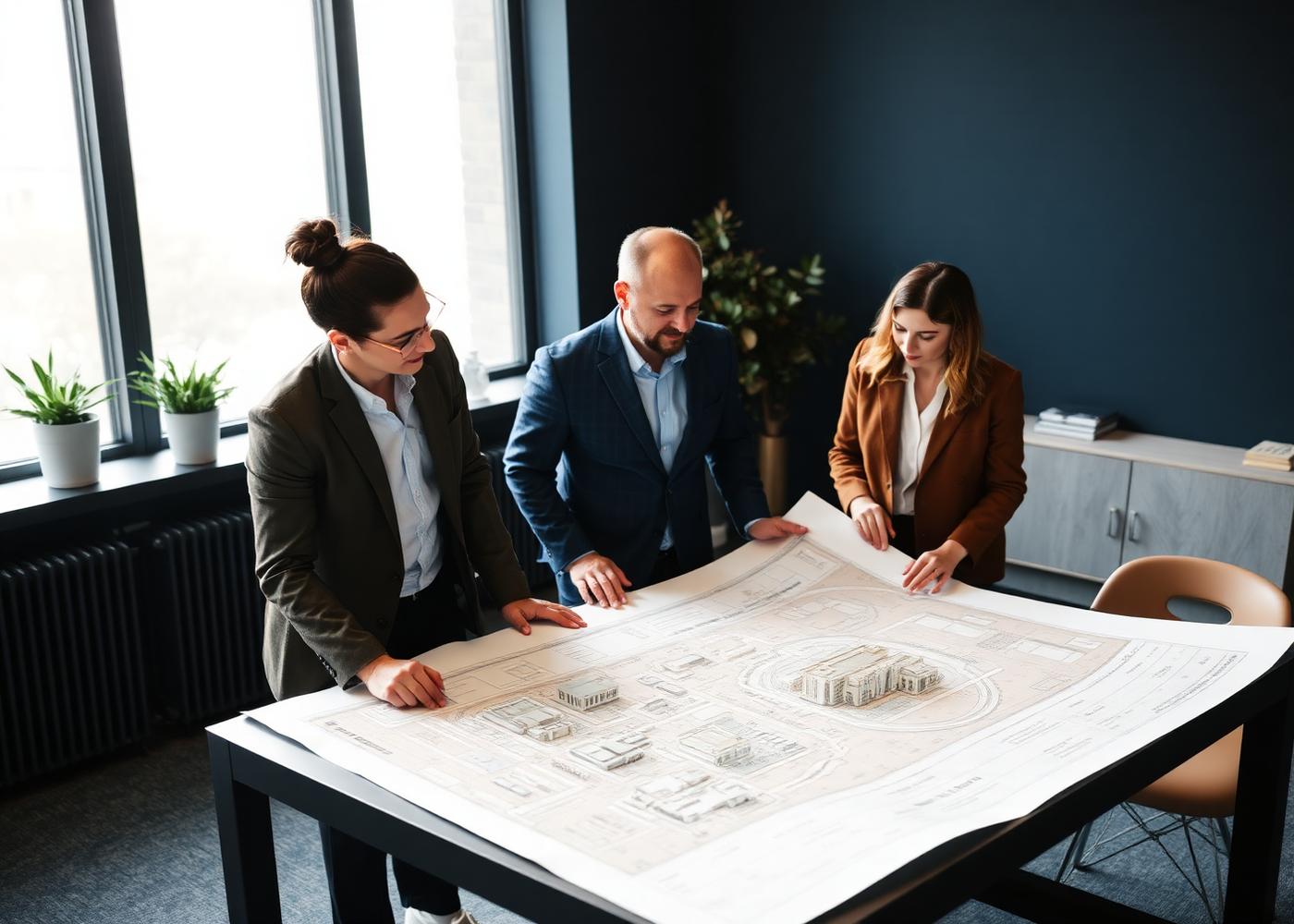 Equipe da Metro Group analisando master plan e maquete de um empreendimento